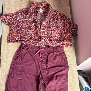 GAP Red Floral Button-Down Shirt with Burgundy Cargo Shorts